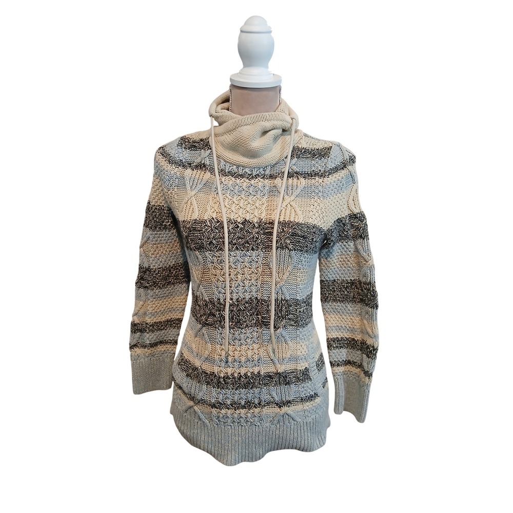 Womens Striped Cable Knit Cowl Neck Heavyweight Sweater Blue Cream Pockets Gorp